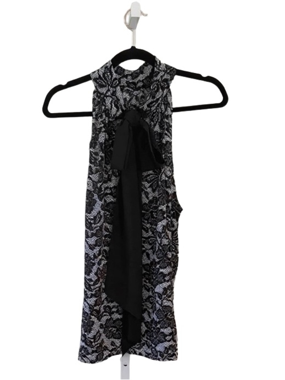 New York & Company Black and Silver Lace Halter Dress with Bow